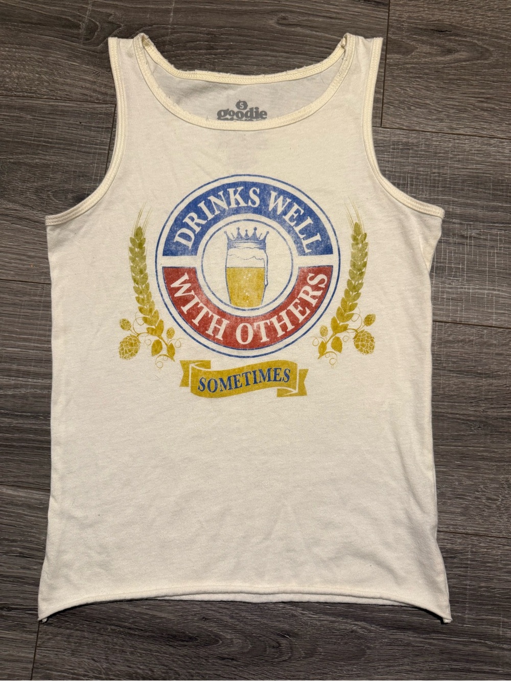 Buckle Cream Graphic Tank Top with Blue, Red & Yellow Print